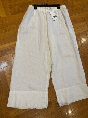 Zara white linen wide-leg pants.Sz XXL elasticized waistband either drawstring